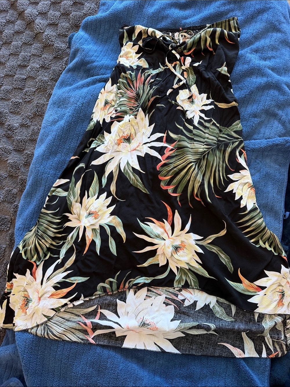 Strapless Black Tropical Floral Dress